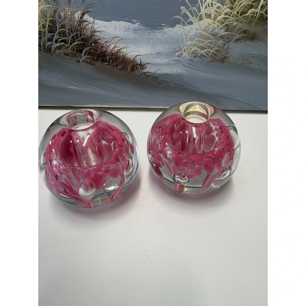 Zimmerman Art Glass Pink Floral Controlled Bubble Candle Holder Set of 2 Indiana